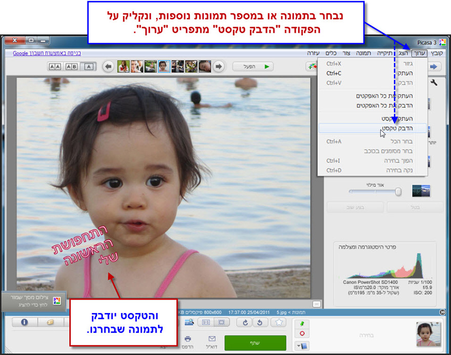הוספת טקסט לתמונה Picasa Photo Editor 7