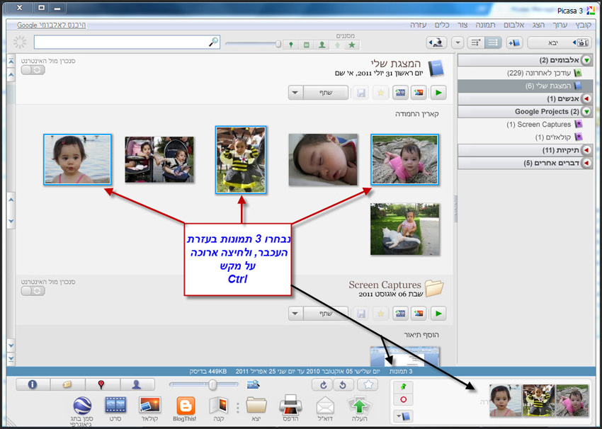 בחירת תמונות וסימונן בפיקסה Picasa 2